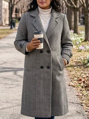 VTG Elégante Herringbone Wool Blend Coat Double Breasted Speckle Detail Romania